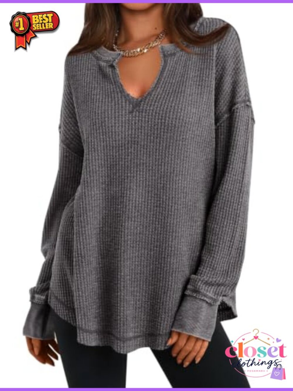 Waffle Knit Long Sleeve Tunic Top Loose Fit V Neck Casual Shirt